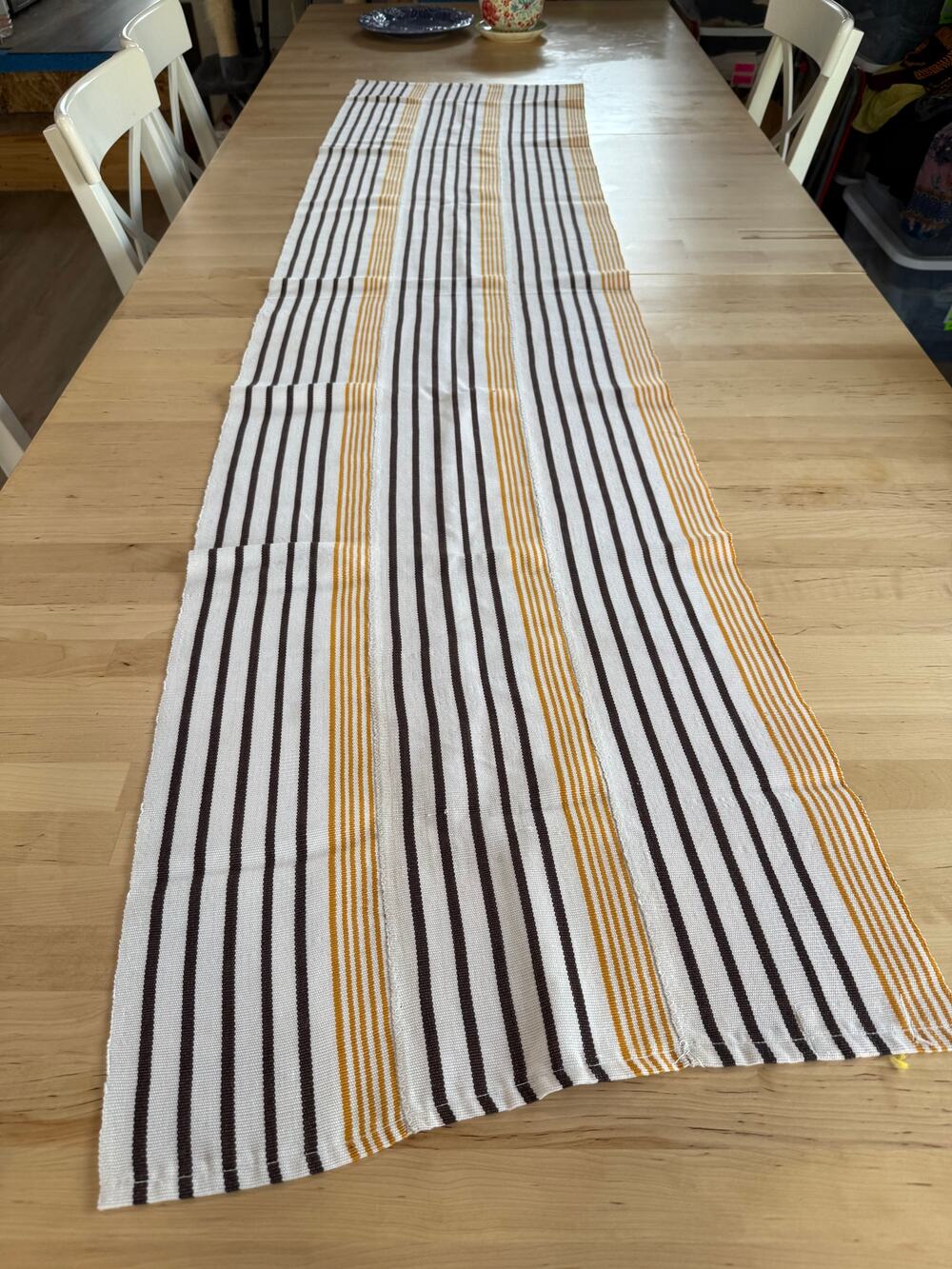 VINTAGE Striped Table Runner Curved Symmetrical Black Mustard Cream 83 x 19 READ